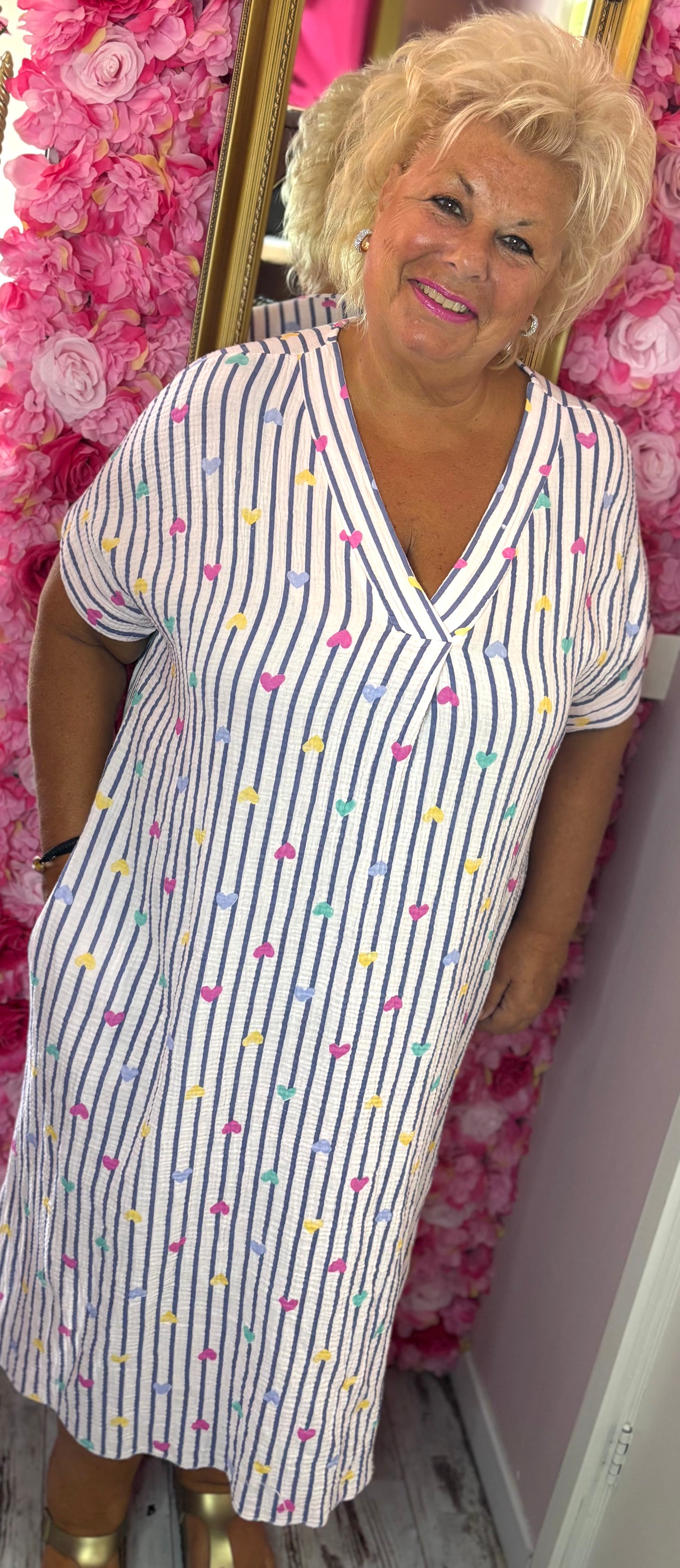 *LUCKY LOOK* Lange jurk Heart Katoen Blauw Plus Size Maat 48 t/m 54