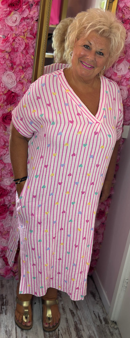 *LUCKY LOOK* Jurk Heart WafelKatoen Paars Plus Size Maat 48 t/m 54