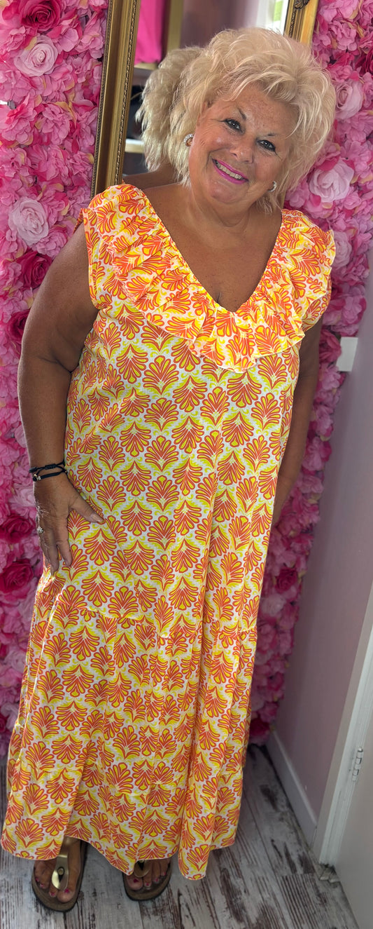 Lange Jurk Floor Katoen Geel Plus Size Maat 48 t/m 54
