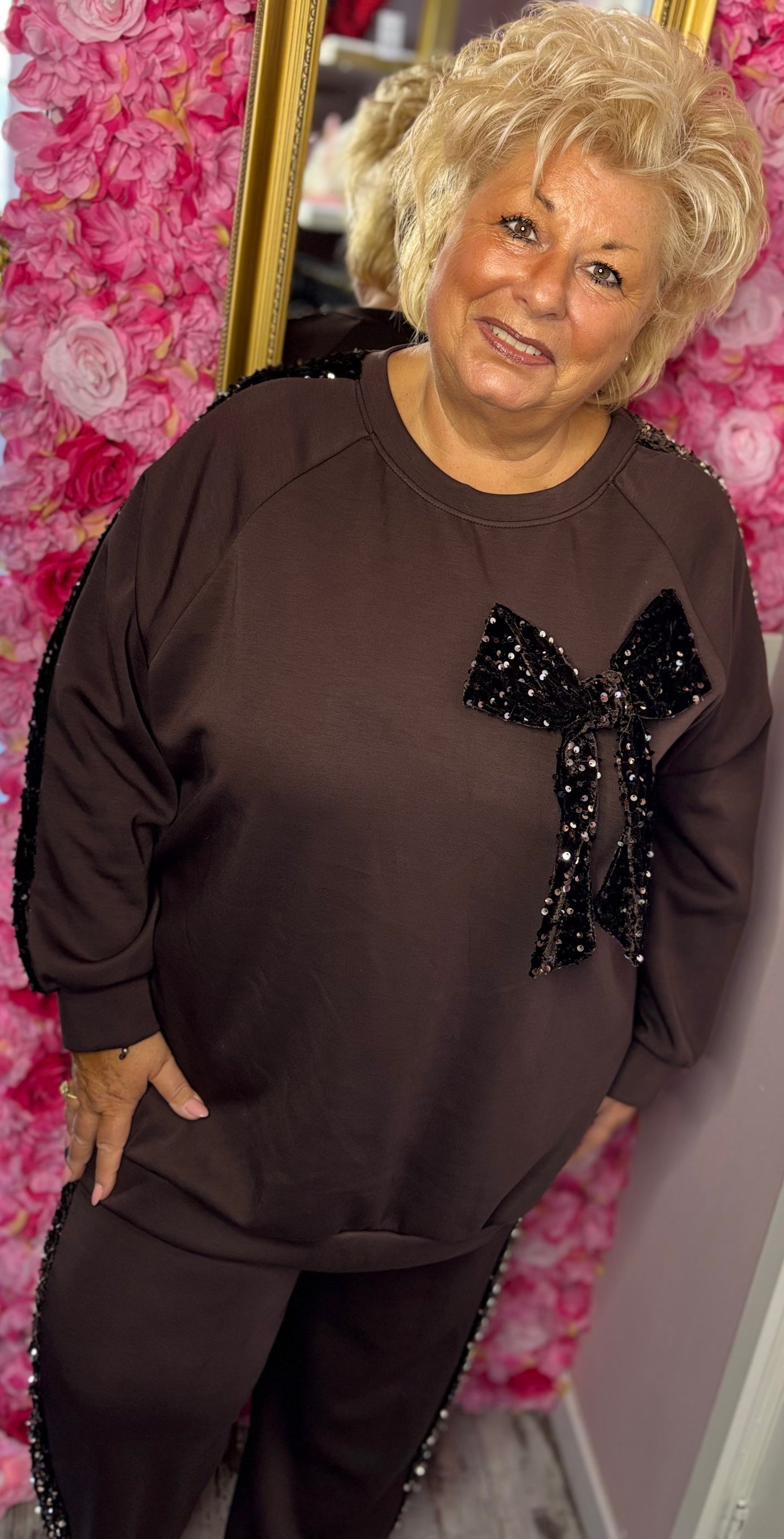 Comfy Set Glitter Bow Bruin Plus Size maat 46 t/m 54