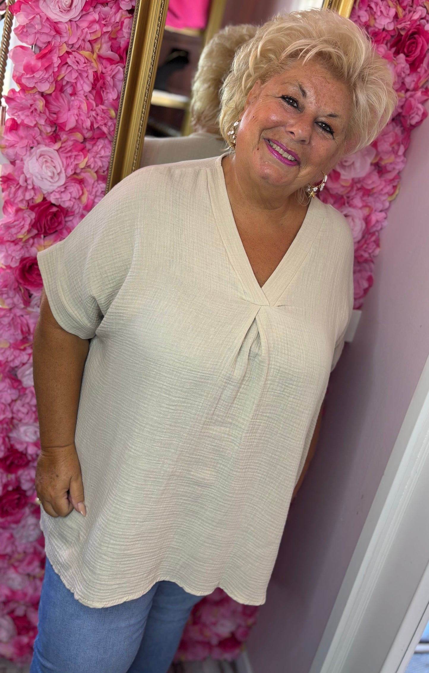 Blouse Wafel Katoen Beige Plus Size maat 48 t/m 54