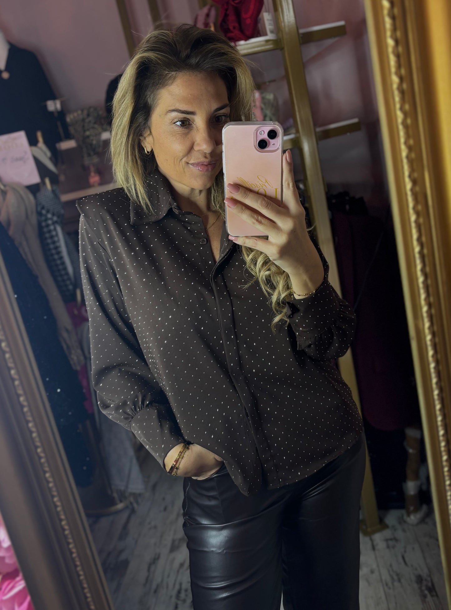 Blouse Shoulder Strass Bruin tot Maat 42