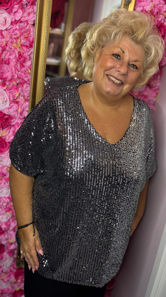 Shirt Glitter Zwart-Zilver Plus Size Maat 48 t/m 54-56