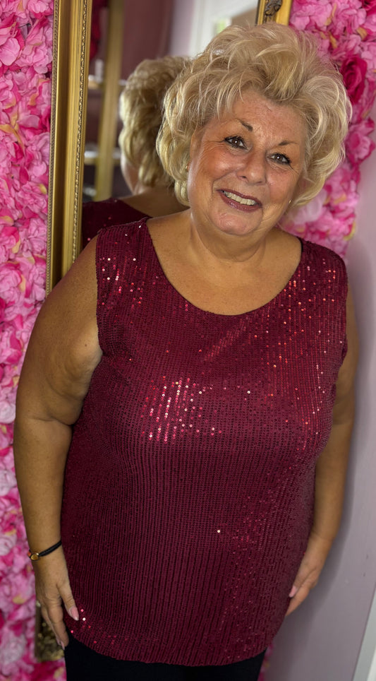 Top Glitter Rood-Bordeaux Plus Size Maat 46 t/m 52