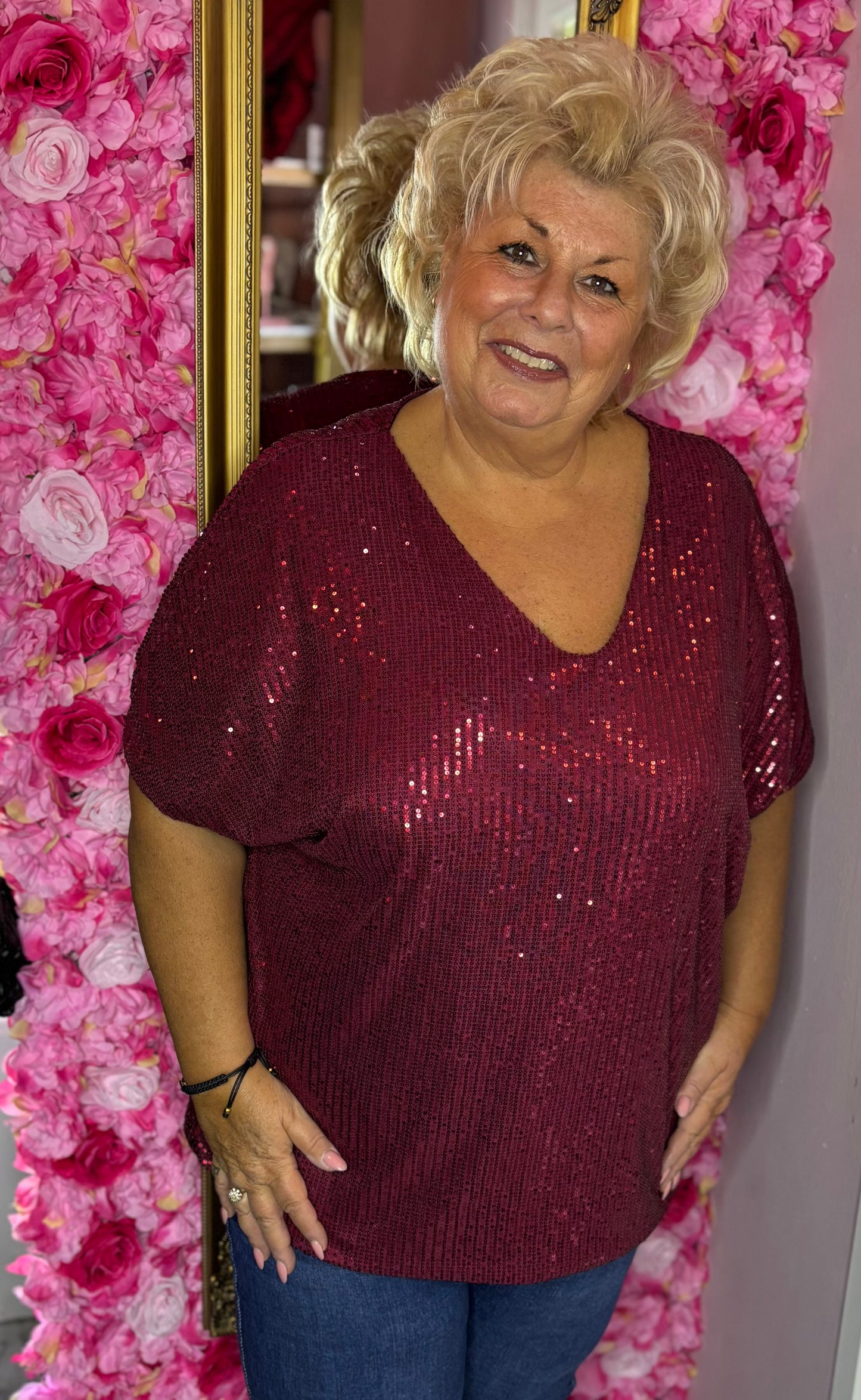 Shirt Glitter Rood-Bordeaux Plus Size Maat 48 t/m 54-56