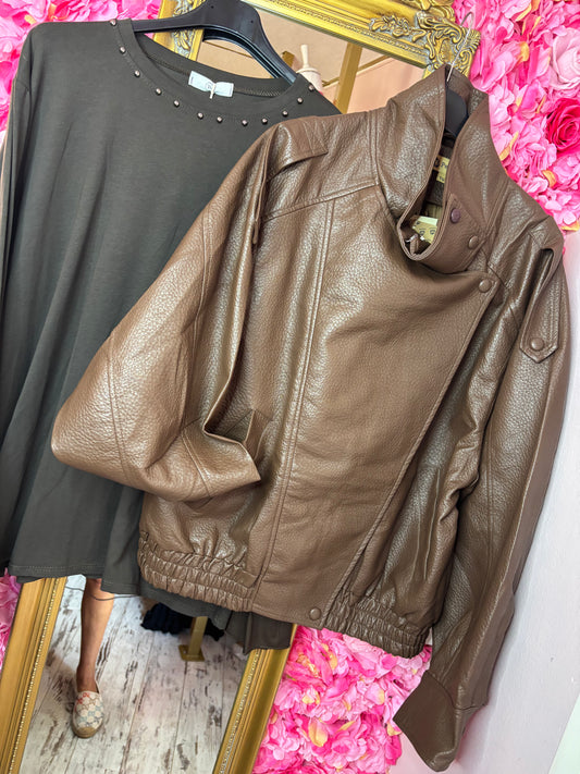 Jacket Leather Look Bruin Plus Size tot maat 48