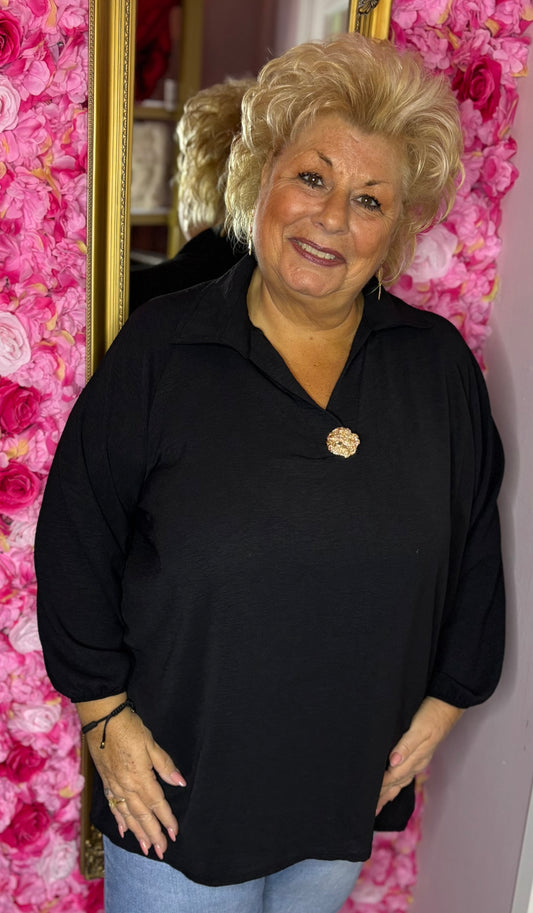 Blouse Golden Button Zwart Plus Size maat 48 t/m 54-56