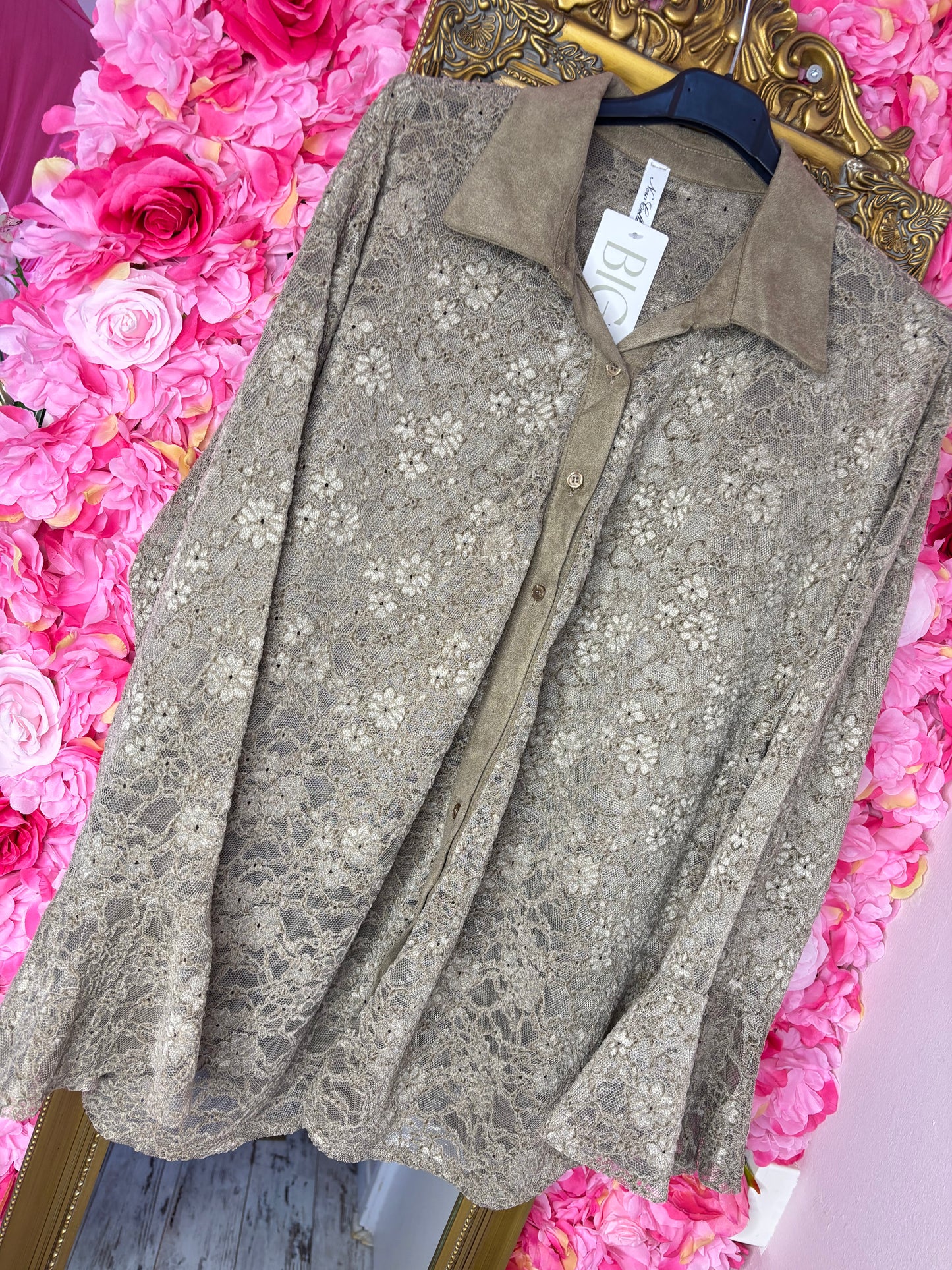 Blouse Lace velvet Taupe Plus Size Maat 46 t/m 52