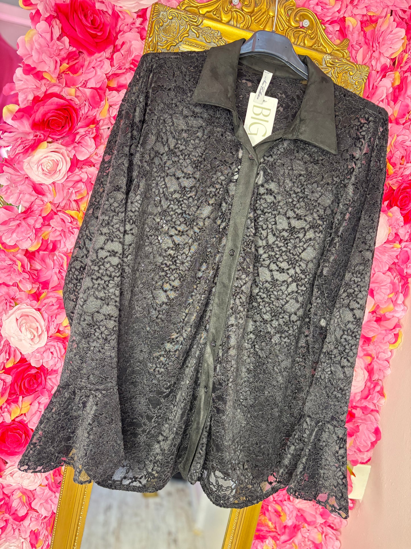 Blouse Lace velvet Zwart Plus Size Maat 46 t/m 52