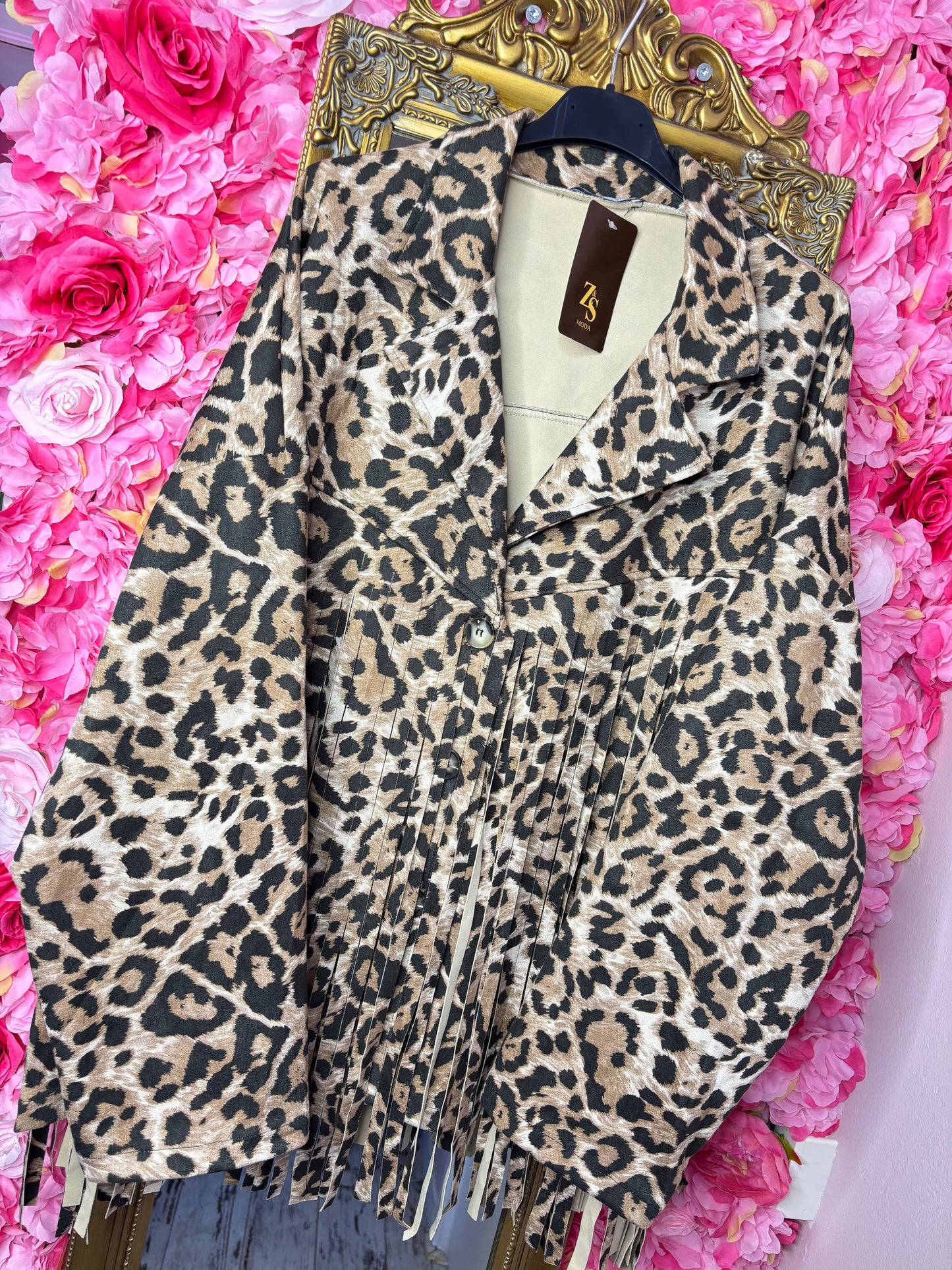 Jacket Suedine Panter Fringe Camel Plus Size maat 44 t/m 50