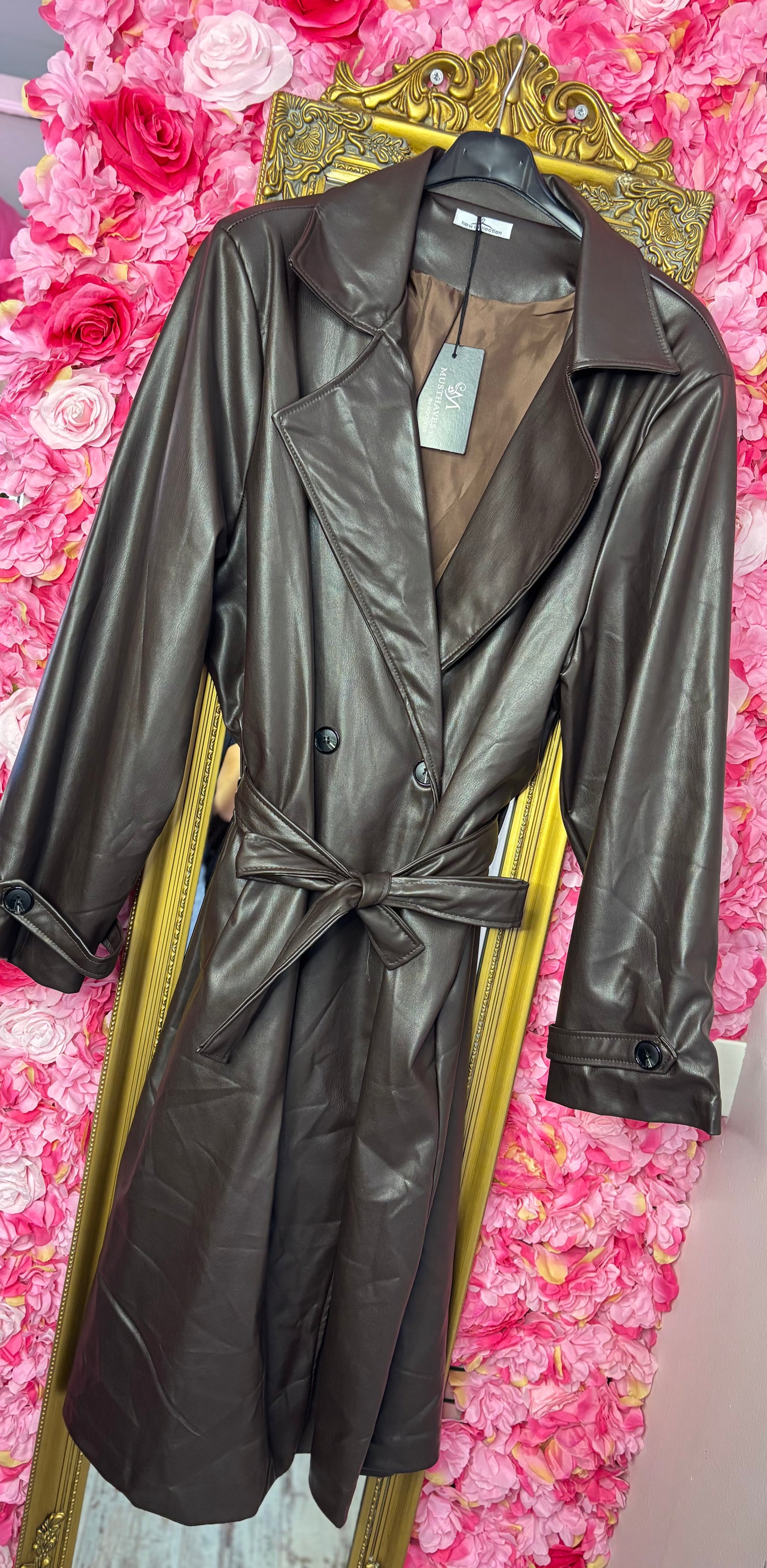 Trenchcoat Leather Look Bruin Plus Size maat 48 t/m 52