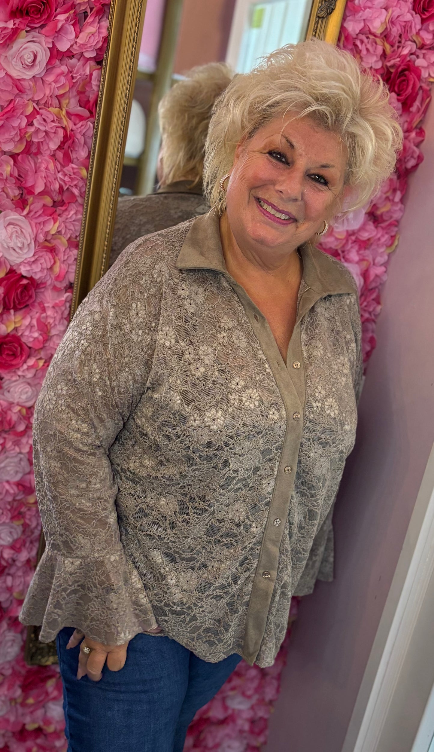 Blouse Lace velvet Taupe Plus Size Maat 46 t/m 52