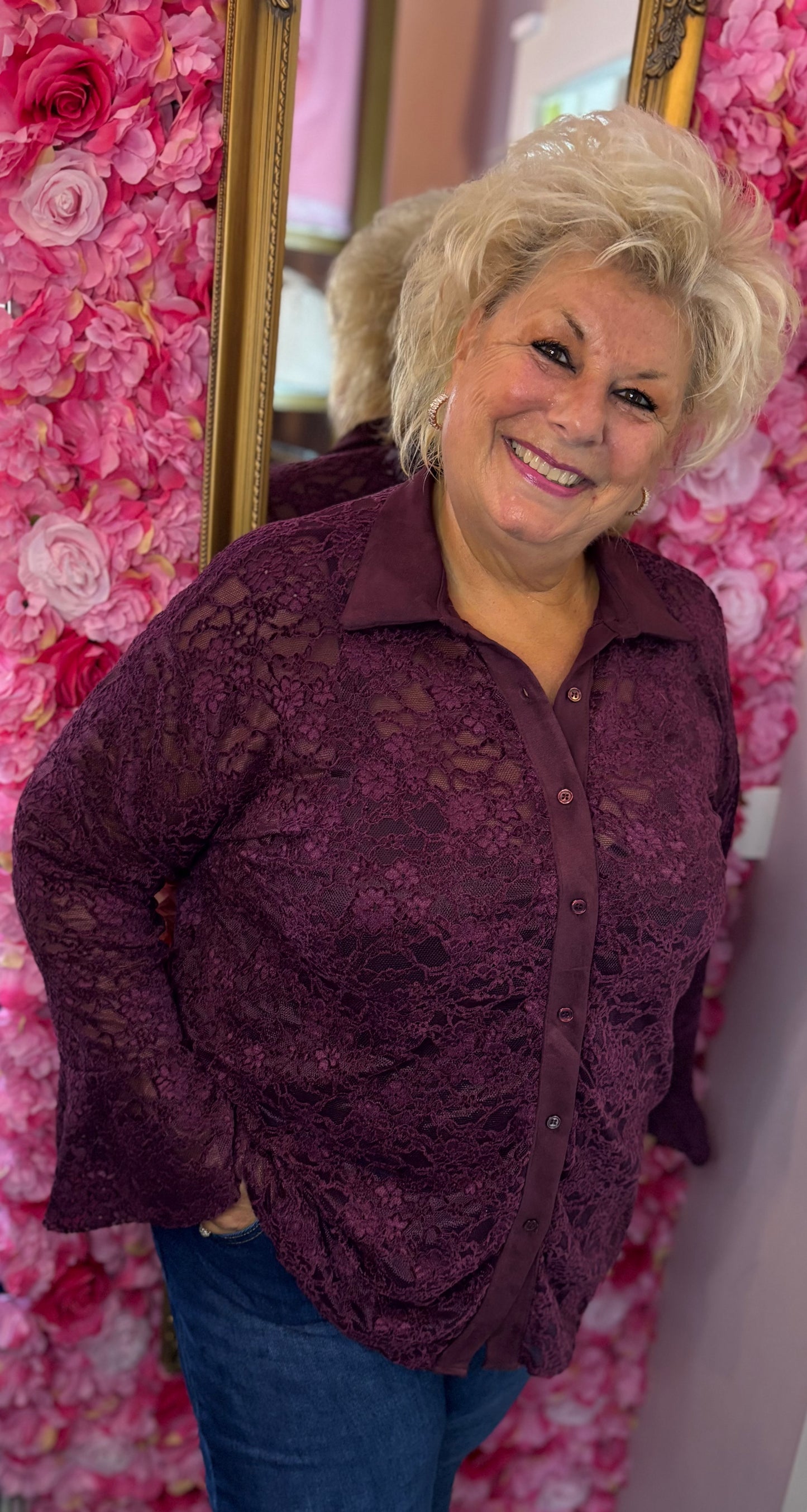 Blouse Lace velvet Bordeaux Plus Size Maat 46 t/m 52