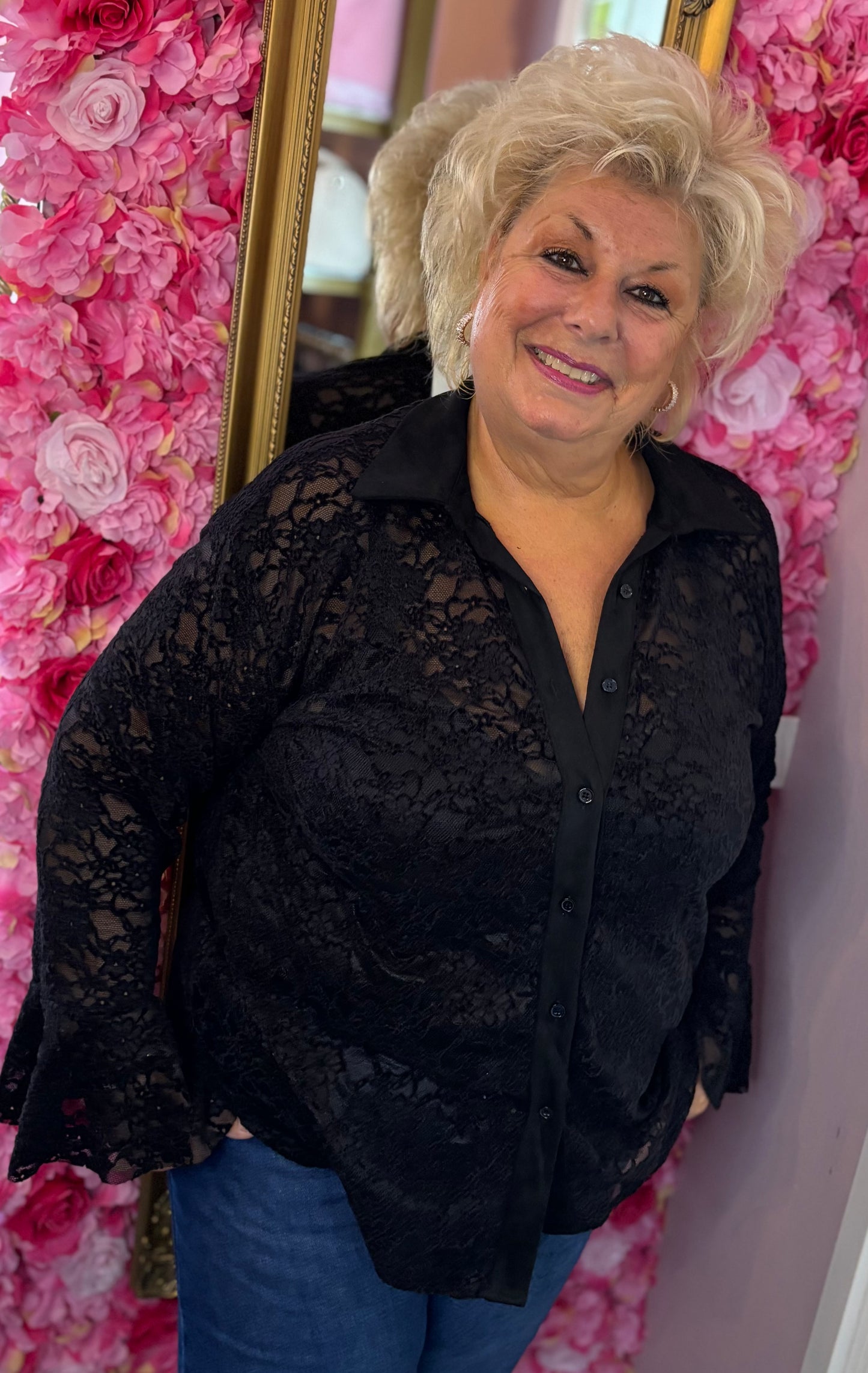 Blouse Lace velvet Zwart Plus Size Maat 46 t/m 52