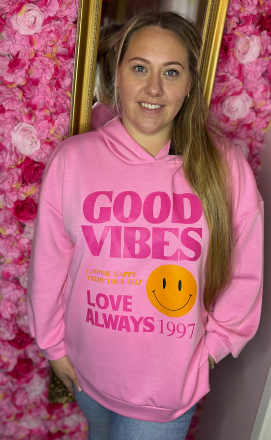 Hoodie Good Vibes Roze Plus Size Maat 44 t/m 50