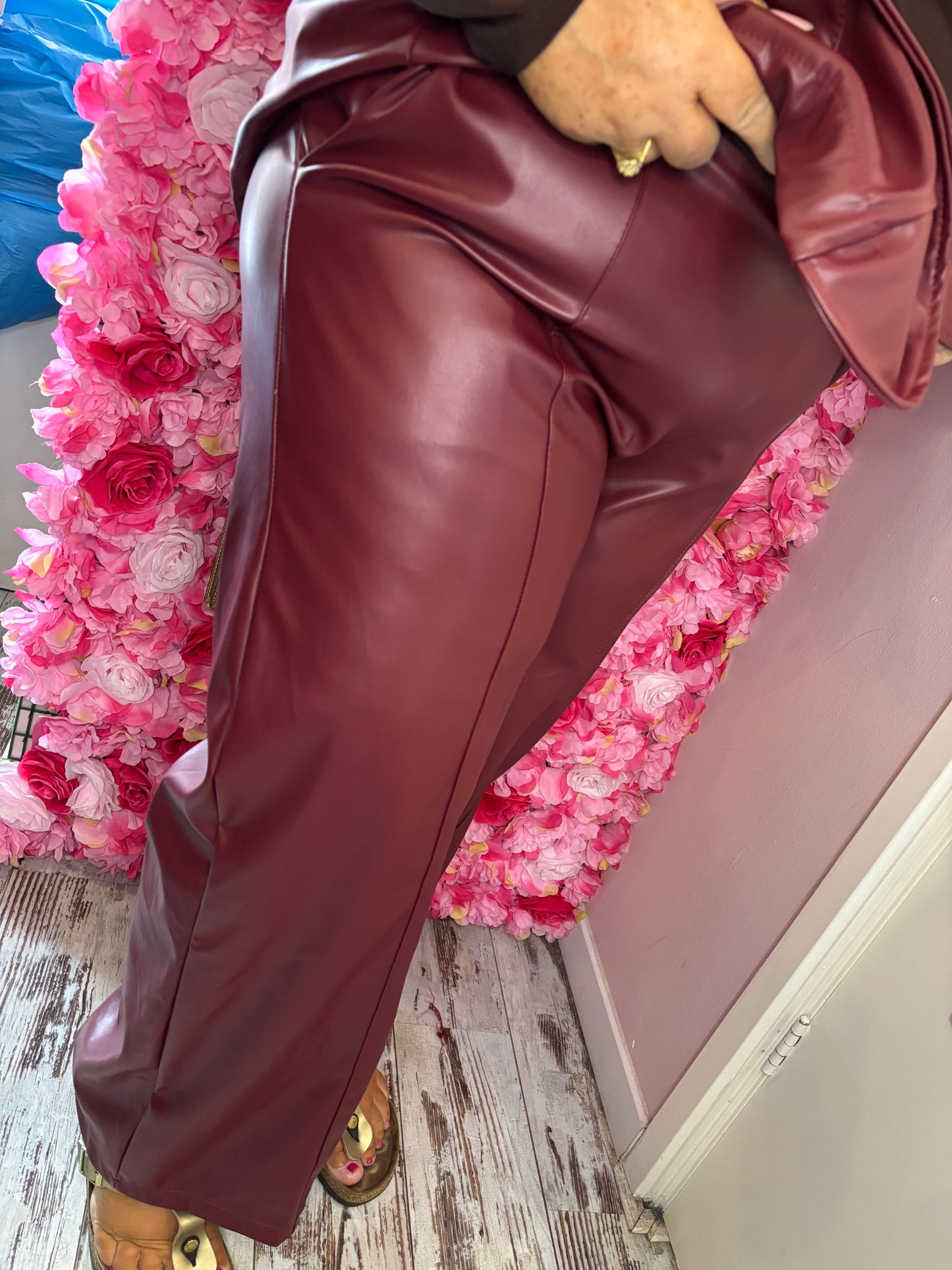 Broek Straight Leather Look Bordeaux Plus Size Maat 46 t/m 52