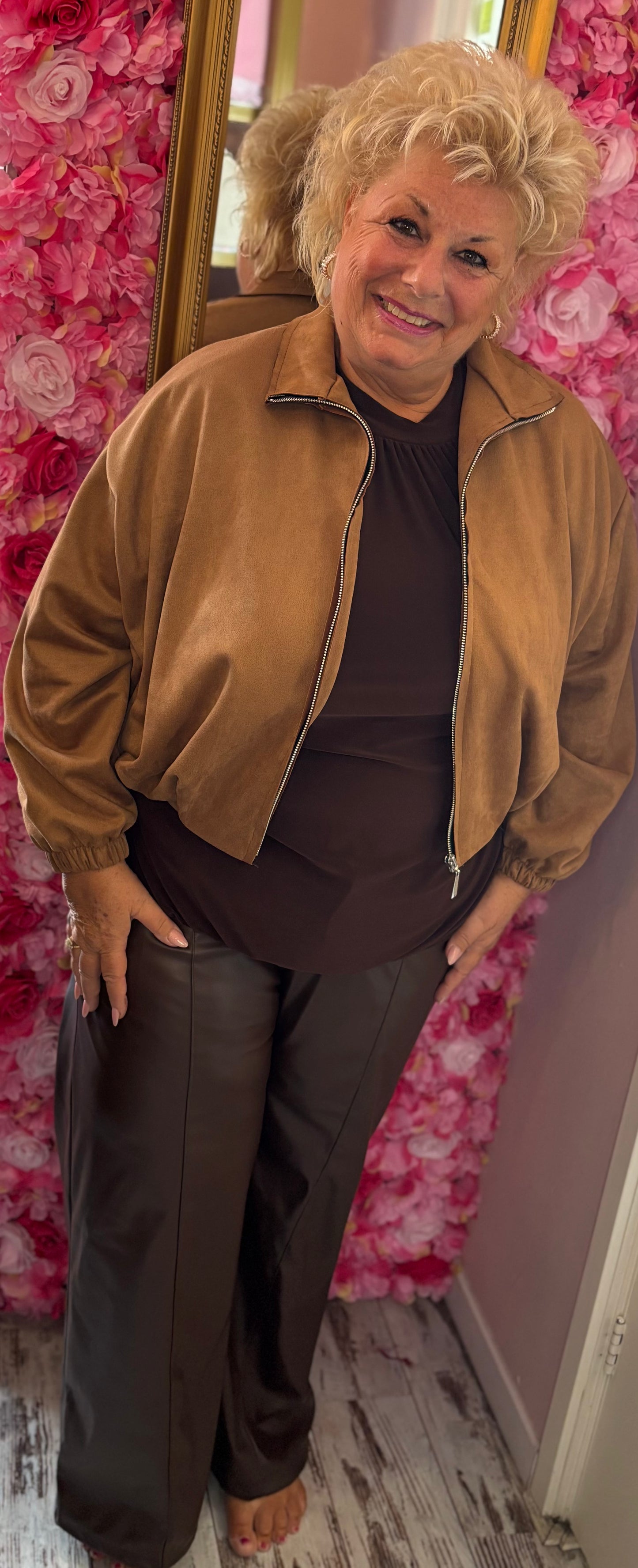 Broek Straight Leather Look Bruin Plus Size Maat 46 t/m 52
