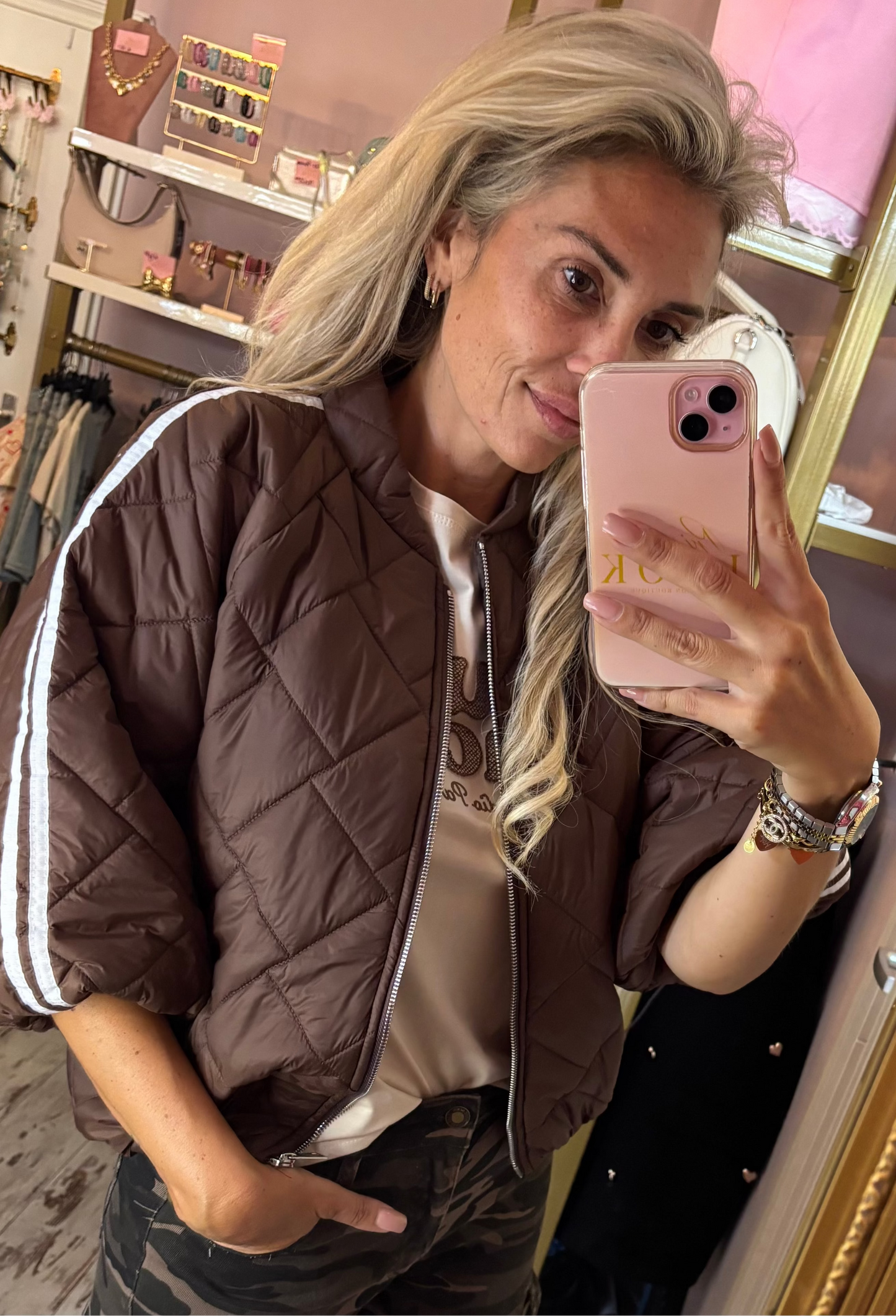 Jacket Puffy Stripe Bruin tot maat 44