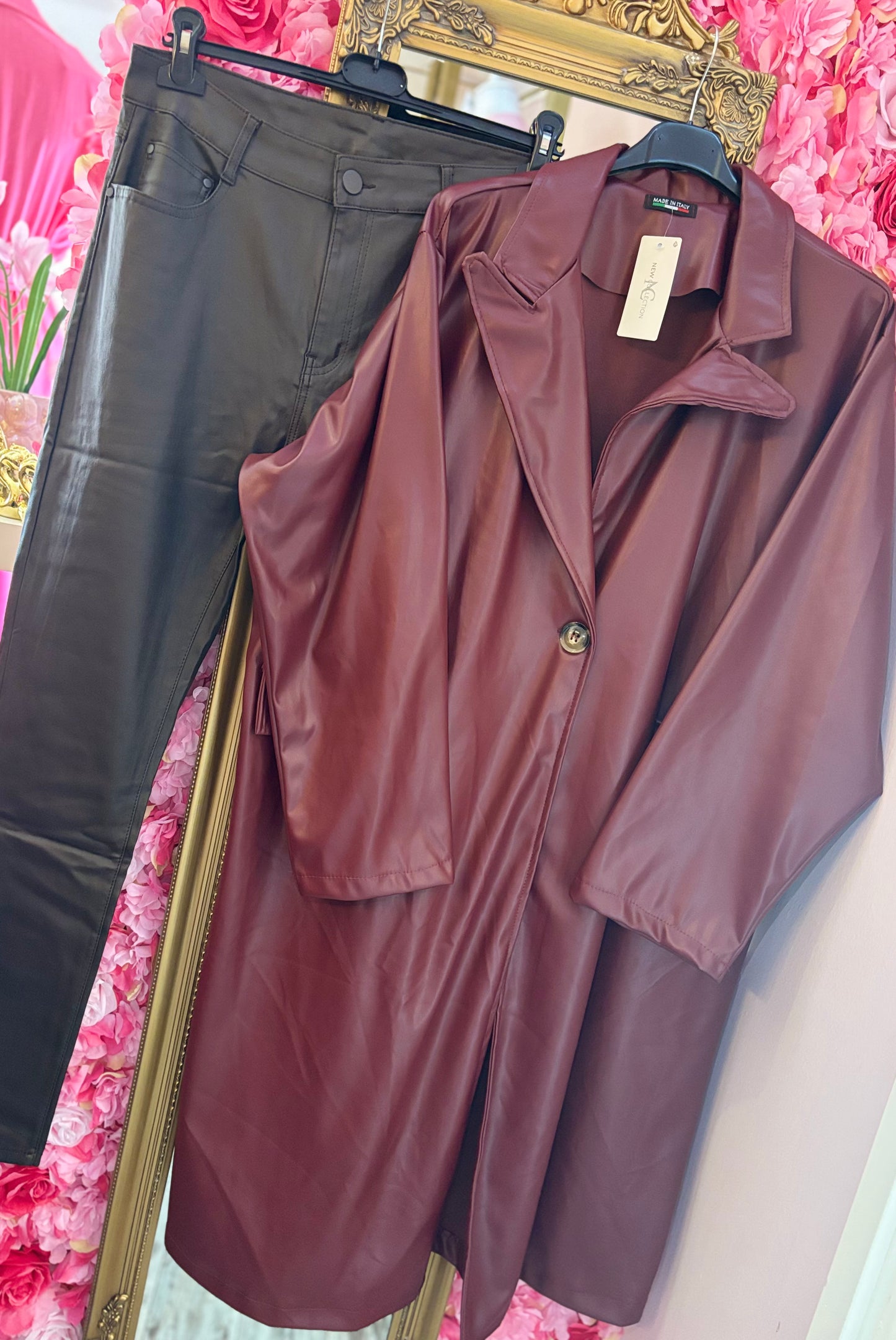 Jas Lang Leather Look Bordeaux Plus Size maat 50 t/m 54-56