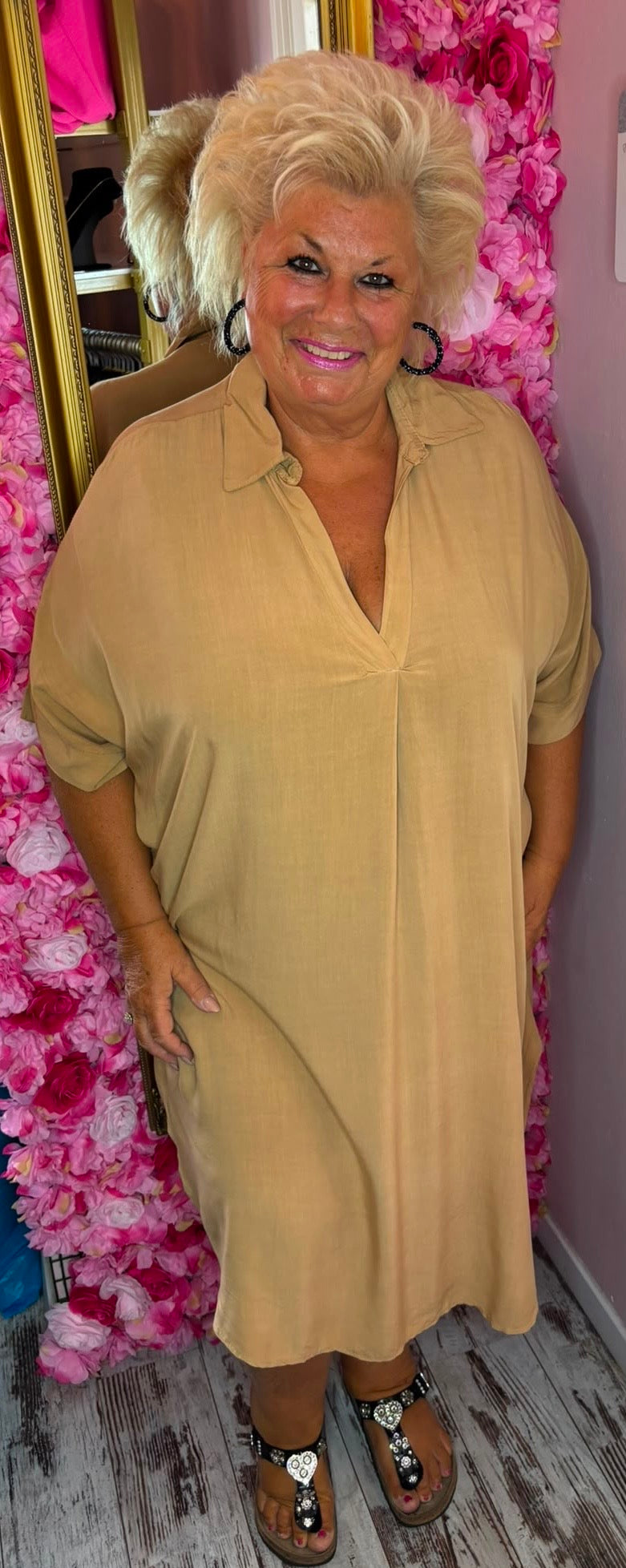 Jurk Fay Katoen Camel Plus Size Maat 50 t/m 58