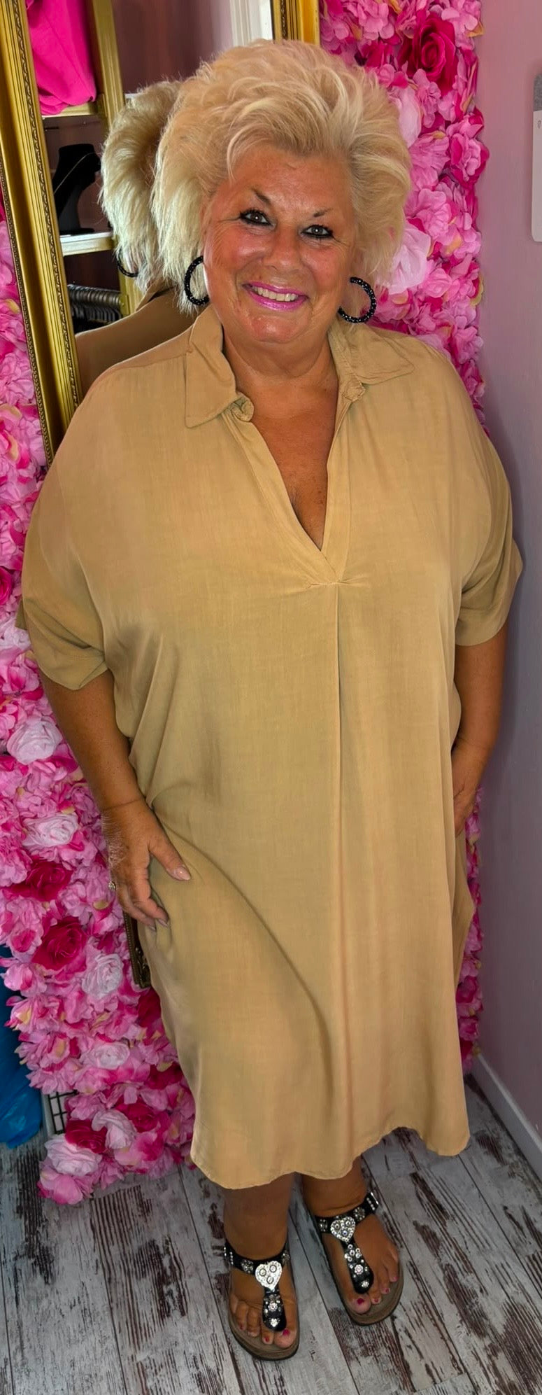 Jurk Fay Katoen Camel Plus Size Maat 50 t/m 58